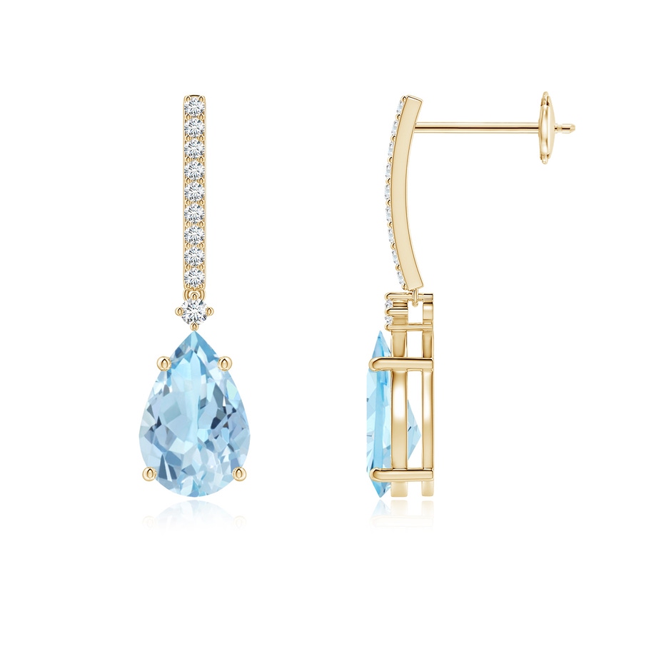 9x6mm AAA Solitaire Pear Aquamarine Drop Earrings with Diamonds in Yellow Gold 