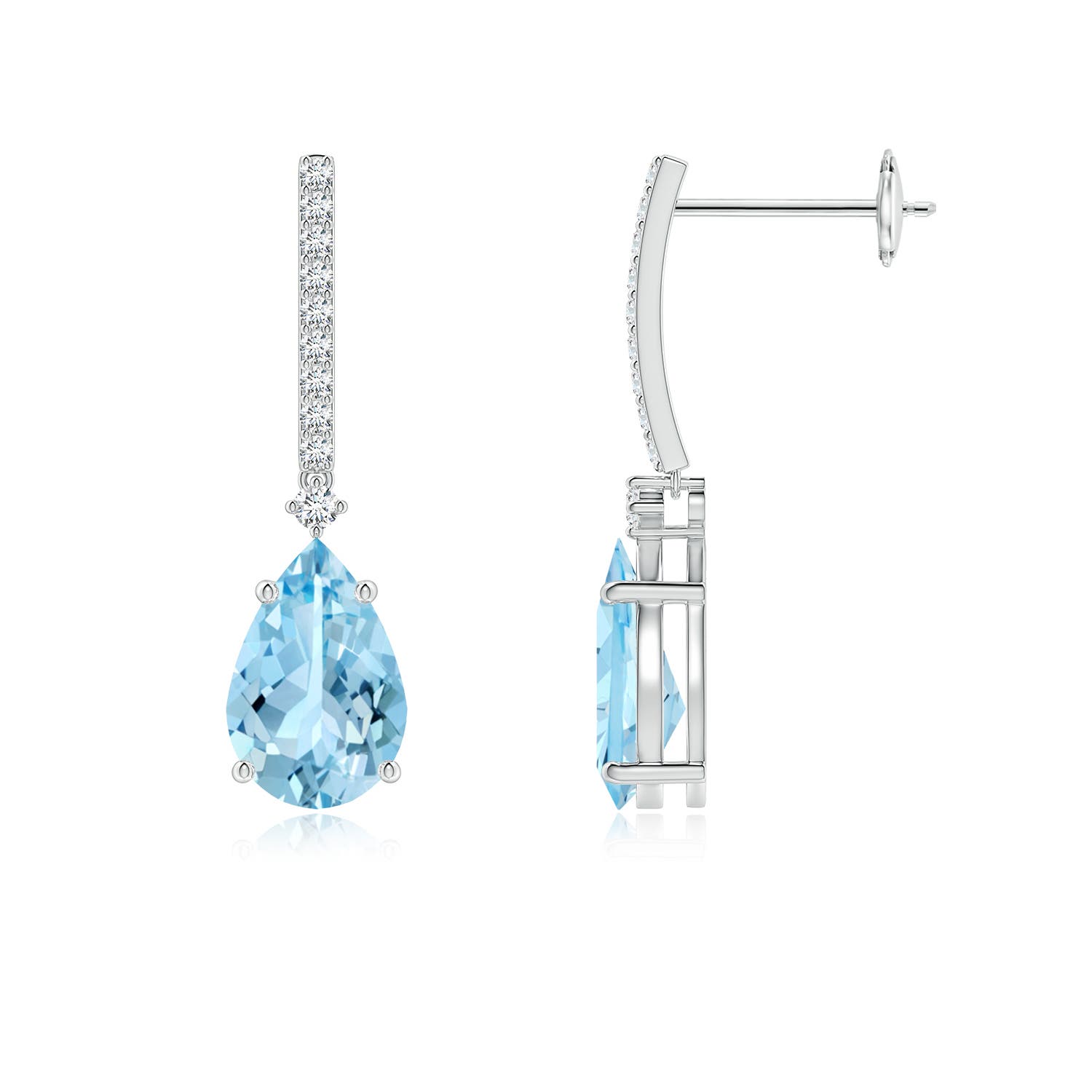 9x6mm AAAA Solitaire Pear Aquamarine Drop Earrings with Diamonds in 18K White Gold