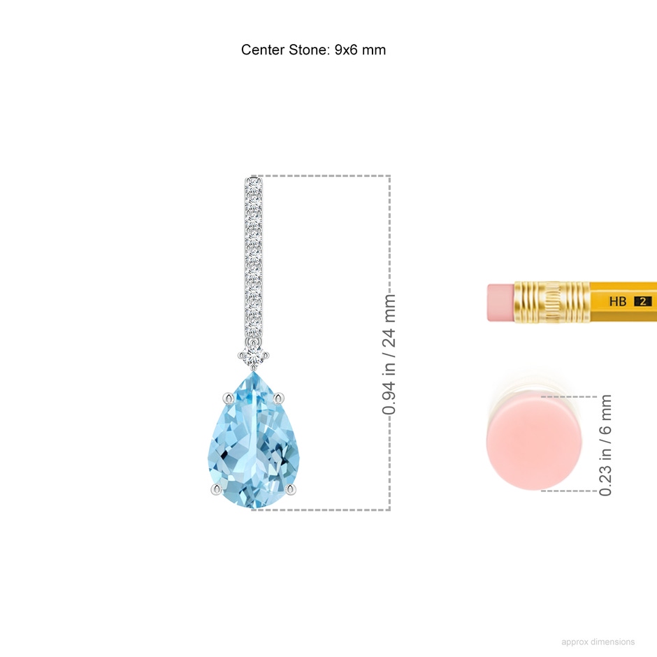 9x6mm AAAA Solitaire Pear Aquamarine Drop Earrings with Diamonds in 18K White Gold ruler