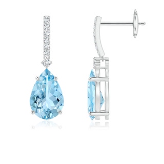 9x6mm AAAA Solitaire Pear Aquamarine Drop Earrings with Diamonds in White Gold