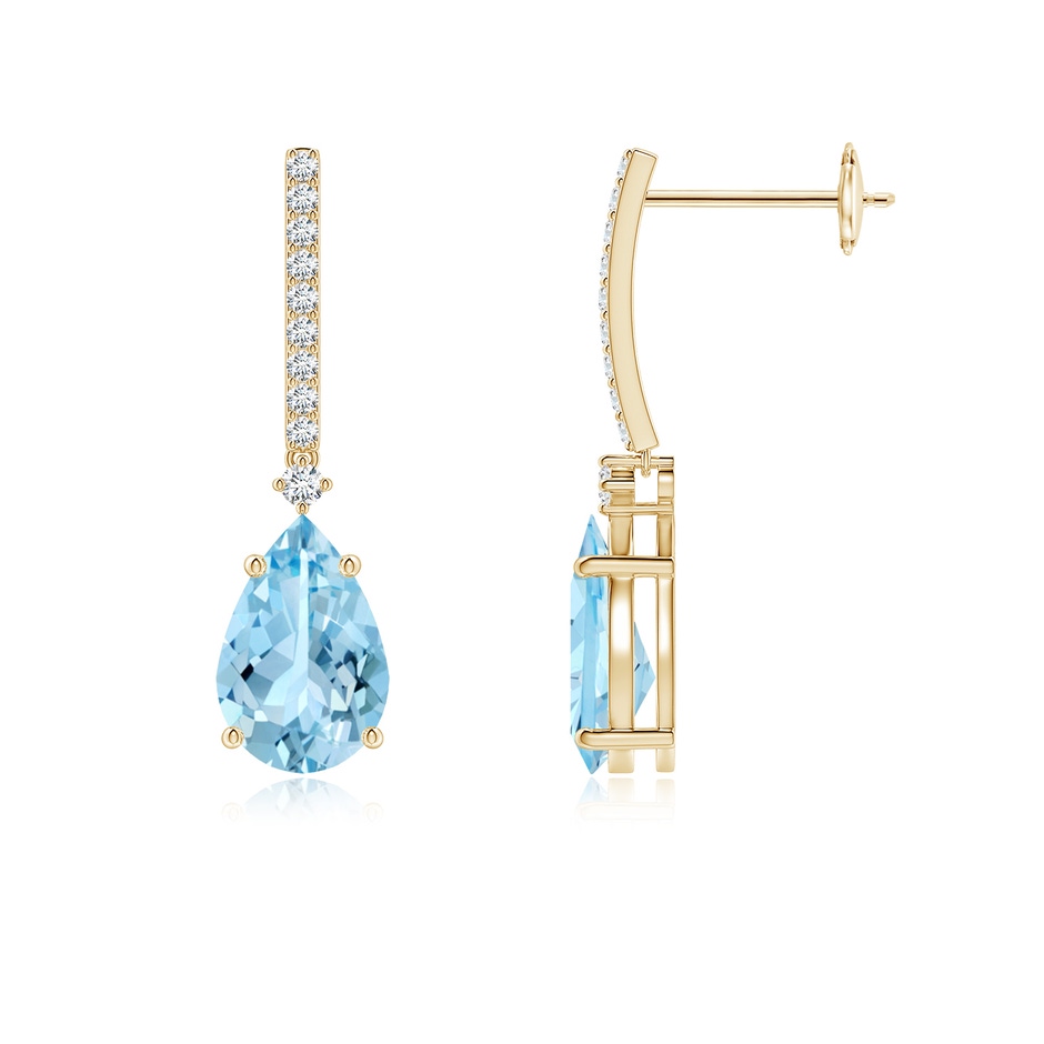 9x6mm AAAA Solitaire Pear Aquamarine Drop Earrings with Diamonds in Yellow Gold 