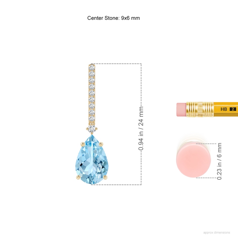 9x6mm AAAA Solitaire Pear Aquamarine Drop Earrings with Diamonds in Yellow Gold ruler