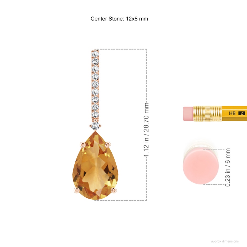 12x8mm A Solitaire Pear Citrine Drop Earrings with Diamonds in Rose Gold ruler