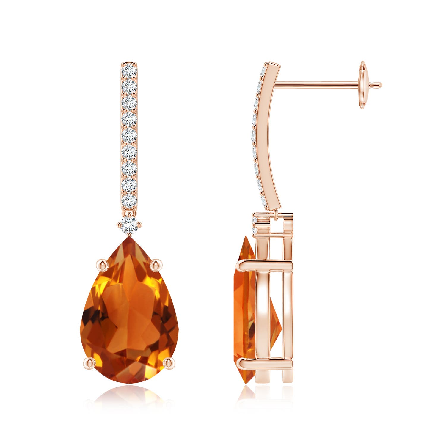 12x8mm AAAA Solitaire Pear Citrine Drop Earrings with Diamonds in 18K Rose Gold