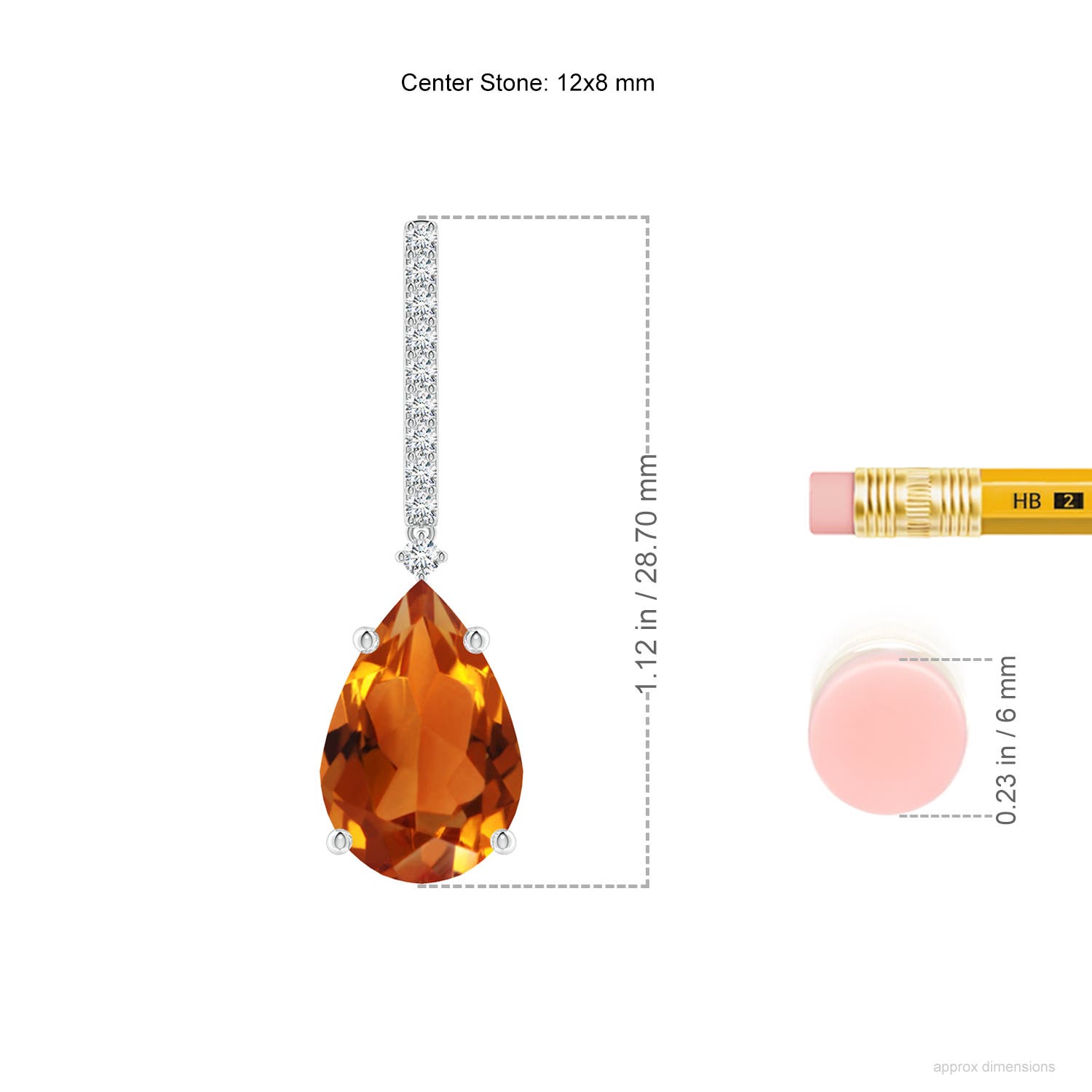 12x8mm AAAA Solitaire Pear Citrine Drop Earrings with Diamonds in 18CT White Gold - ruler