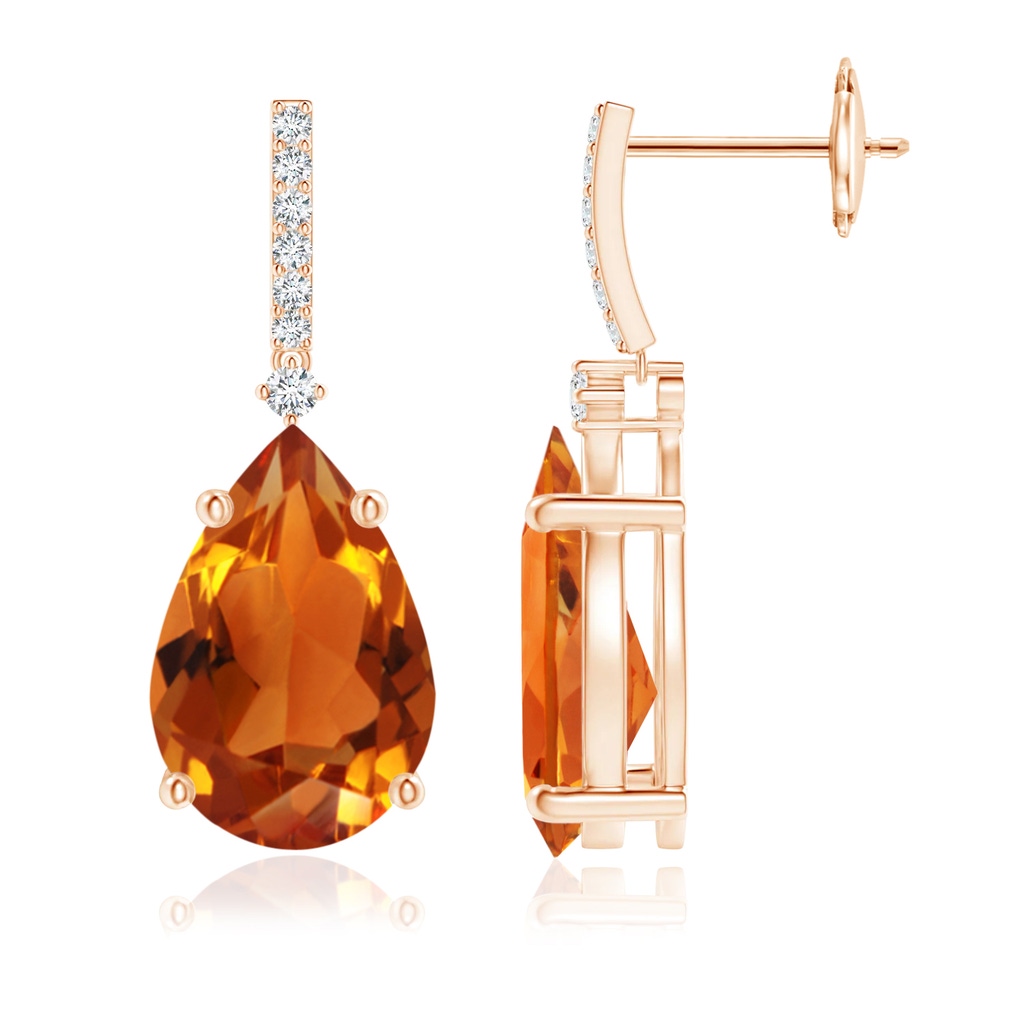12x8mm AAAA Solitaire Pear Citrine Drop Earrings with Diamonds in Rose Gold