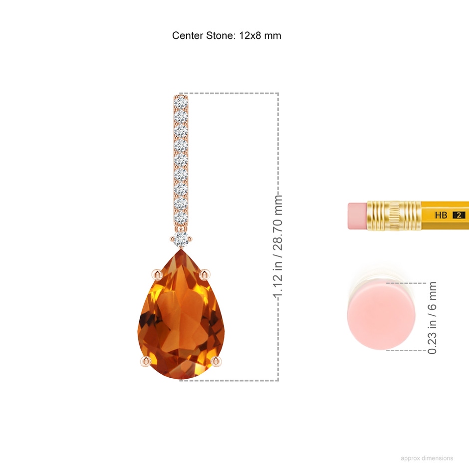 12x8mm AAAA Solitaire Pear Citrine Drop Earrings with Diamonds in Rose Gold ruler