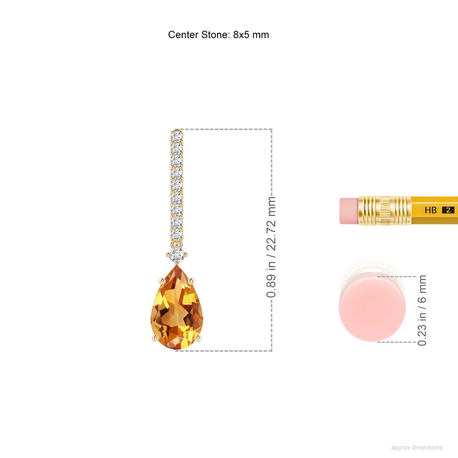 8x5mm AA Solitaire Pear Citrine Drop Earrings with Diamonds in Yellow Gold ruler