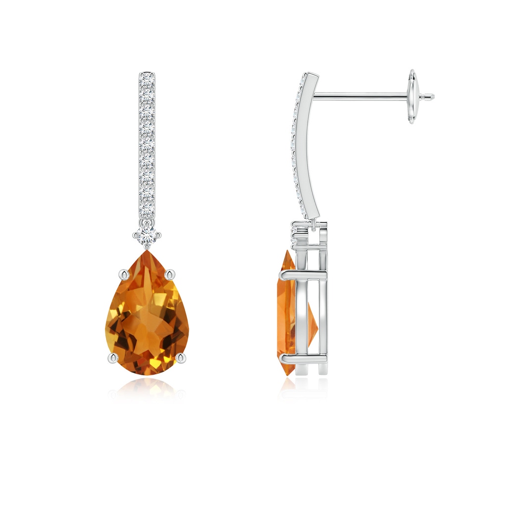 9x6mm AAA Solitaire Pear Citrine Drop Earrings with Diamonds in White Gold