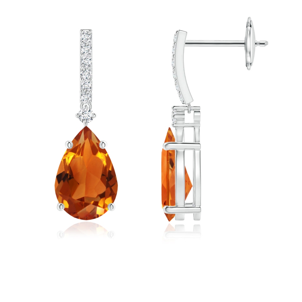 9x6mm AAAA Solitaire Pear Citrine Drop Earrings with Diamonds in White Gold