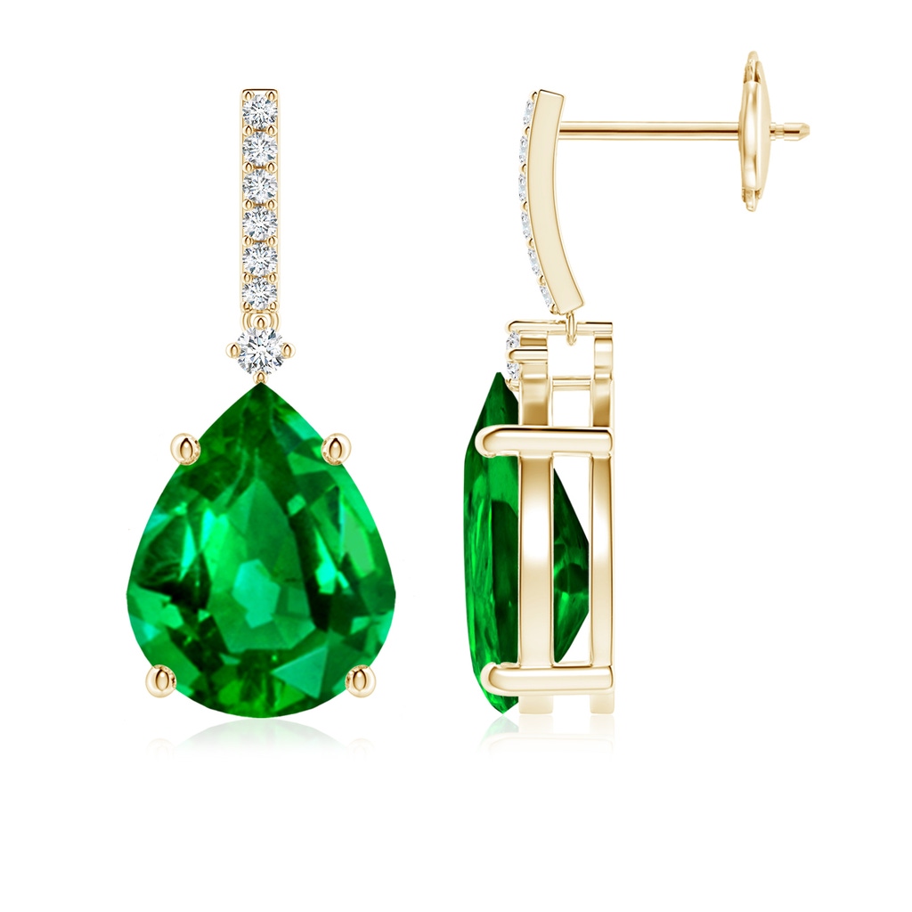 10x8mm AAAA Pear-Shaped Emerald Drop Earrings with Accents in Yellow Gold
