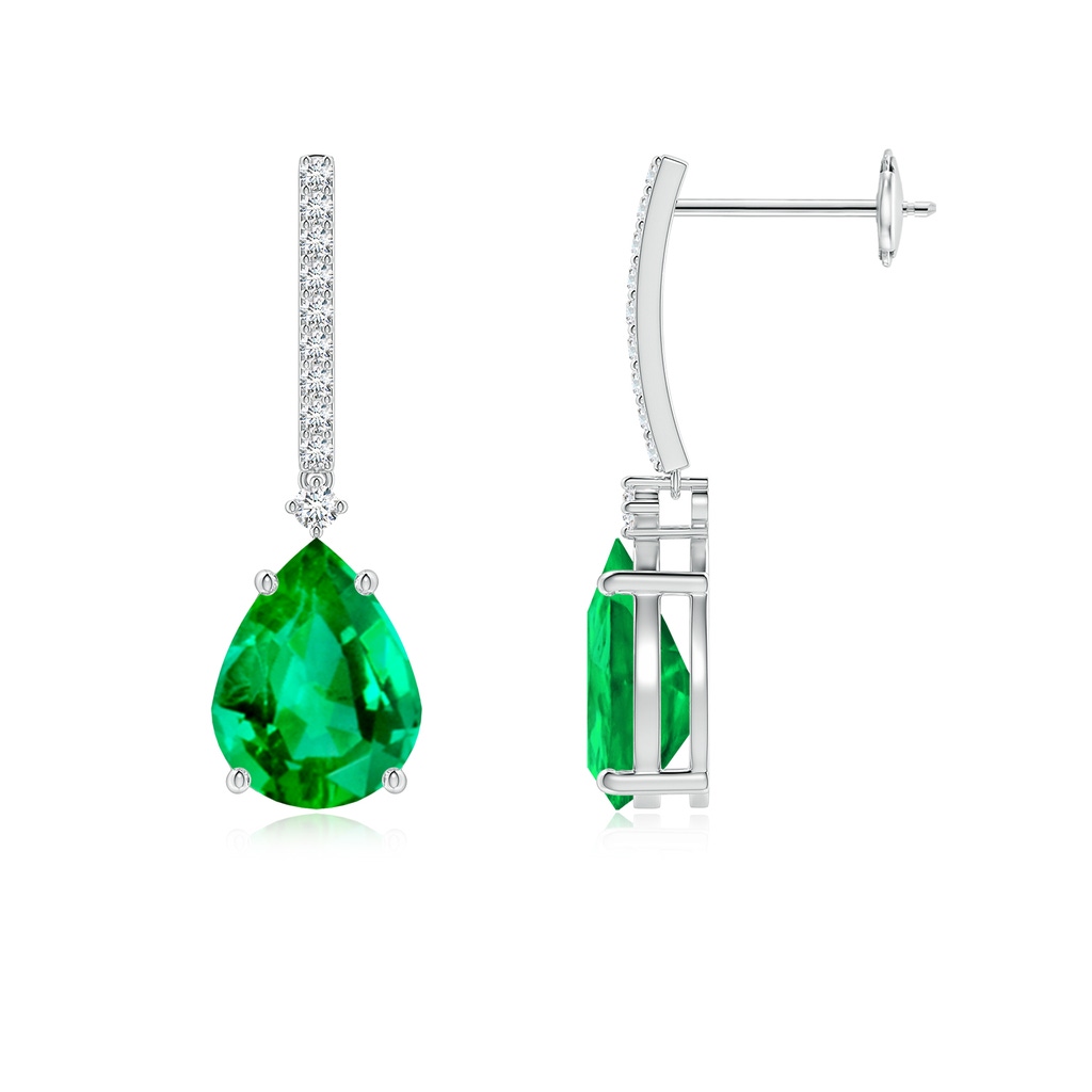 9x7mm AAA Pear-Shaped Emerald Drop Earrings with Accents in White Gold