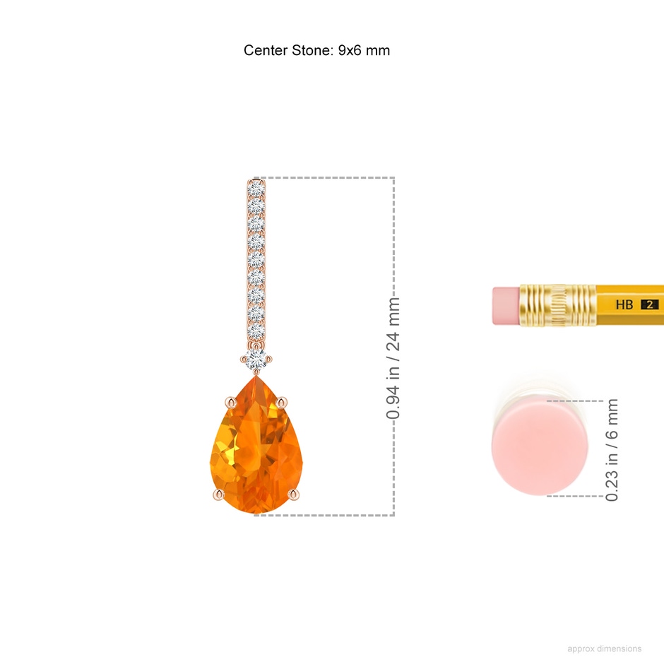 9x6mm AA Solitaire Pear Fire Opal Drop Earrings with Diamonds in Rose Gold ruler
