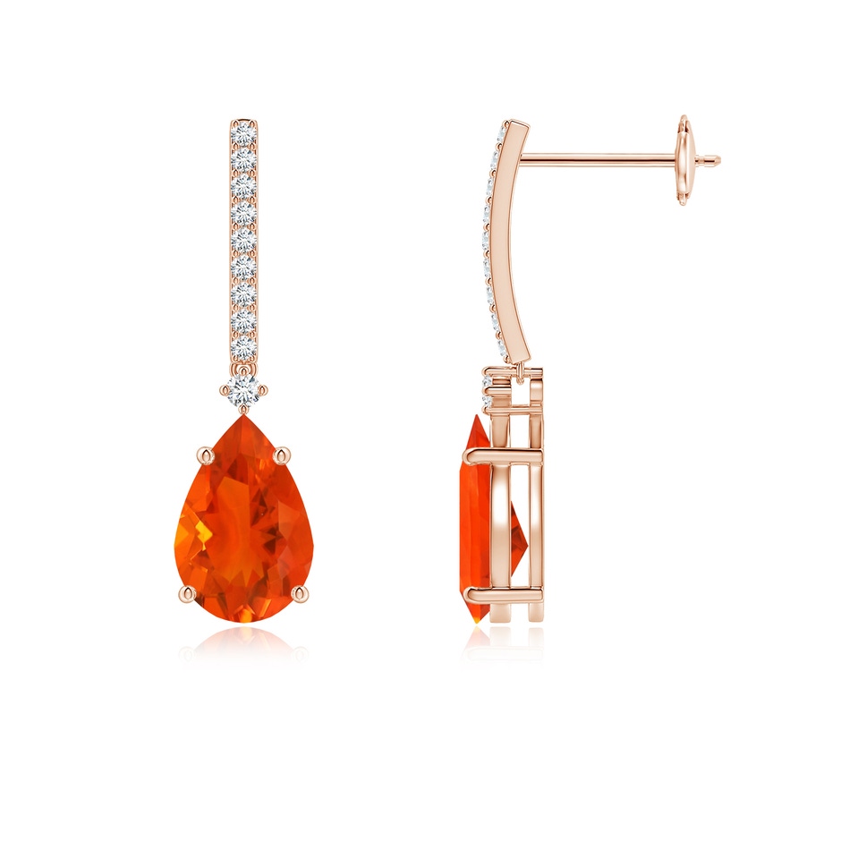 9x6mm AAA Solitaire Pear Fire Opal Drop Earrings with Diamonds in Rose Gold 