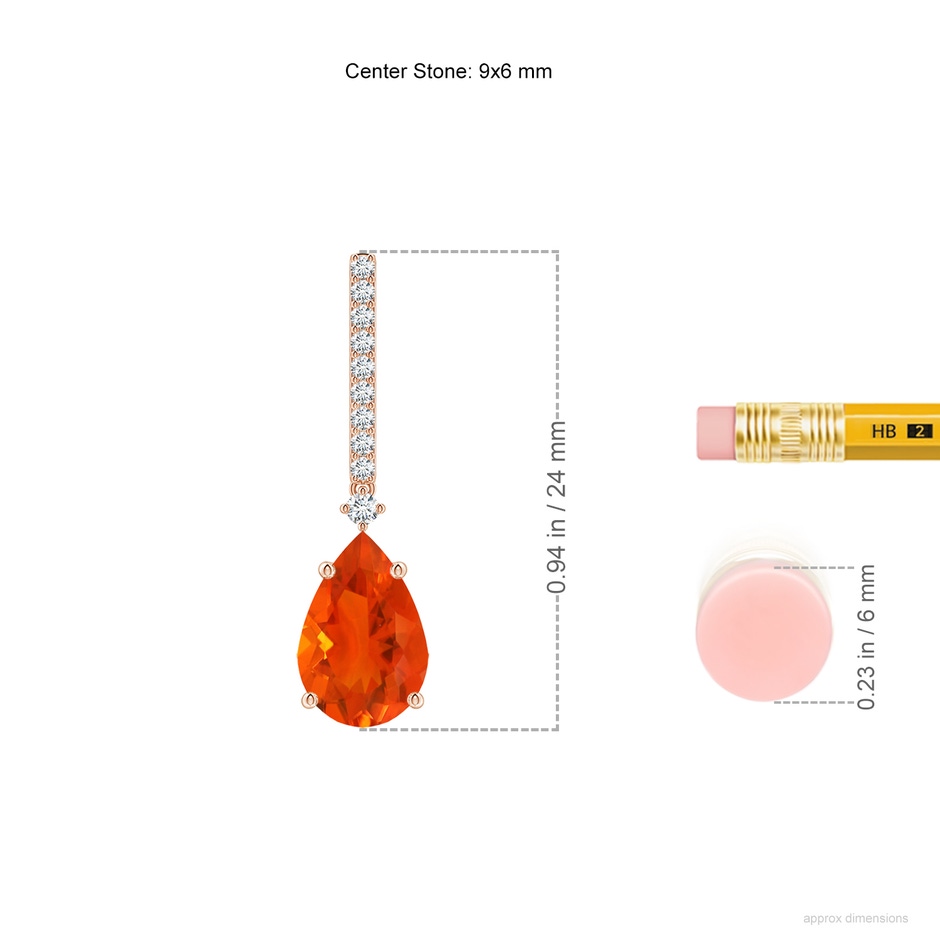9x6mm AAA Solitaire Pear Fire Opal Drop Earrings with Diamonds in Rose Gold ruler