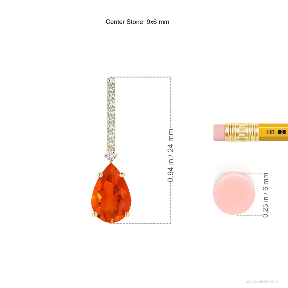9x6mm AAA Solitaire Pear Fire Opal Drop Earrings with Diamonds in Yellow Gold ruler