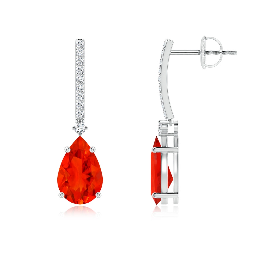 9x6mm AAAA Solitaire Pear Fire Opal Drop Earrings with Diamonds in P950 Platinum 