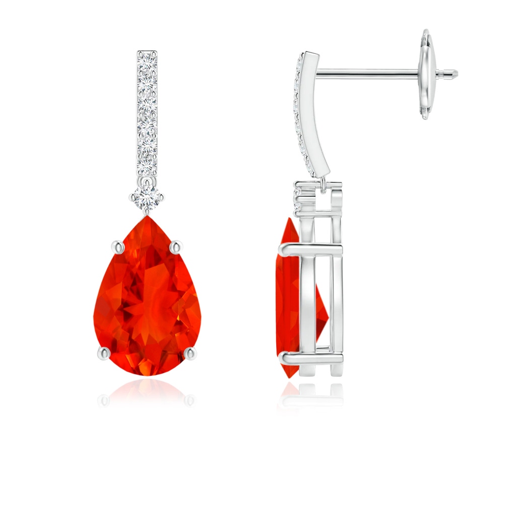 9x6mm AAAA Solitaire Pear Fire Opal Drop Earrings with Diamonds in White Gold