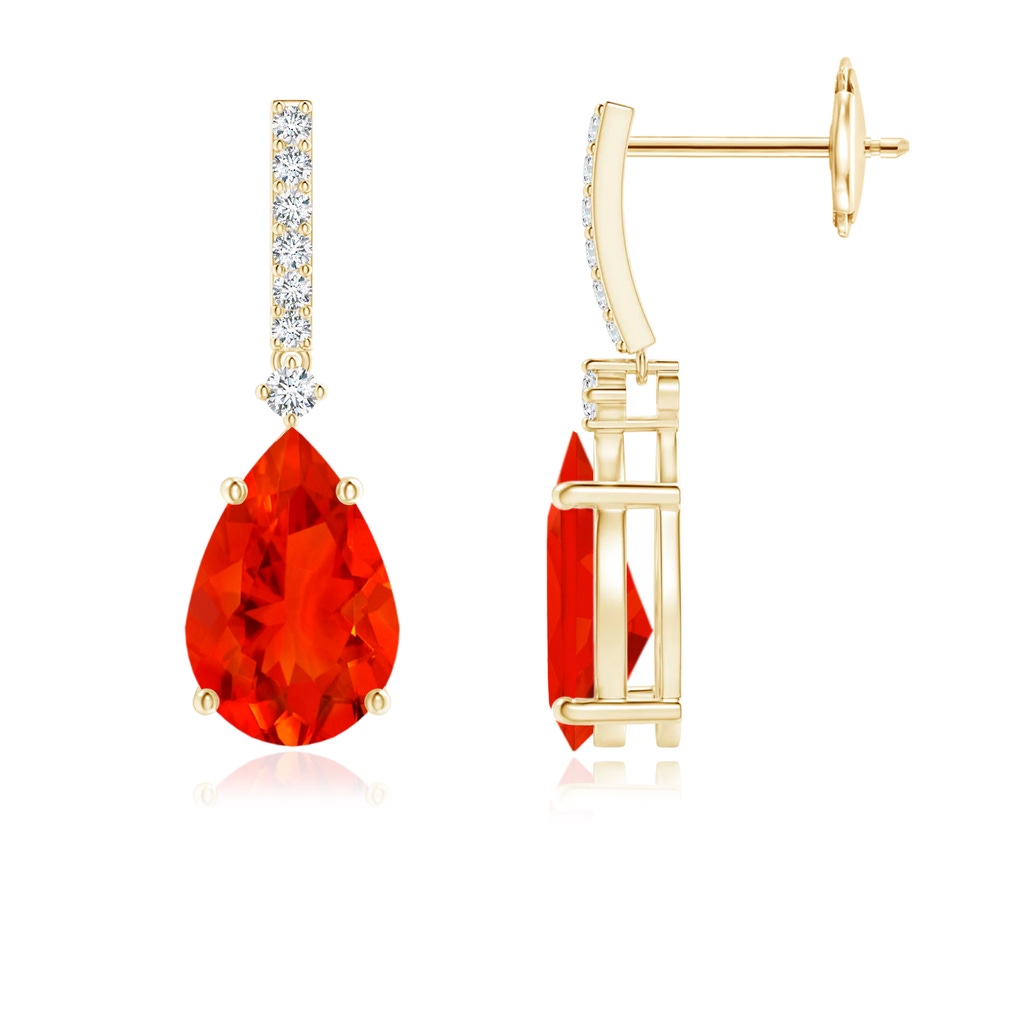 9x6mm AAAA Solitaire Pear Fire Opal Drop Earrings with Diamonds in Yellow Gold