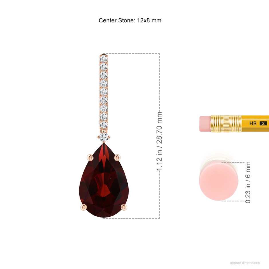 12x8mm AA Solitaire Pear Garnet Drop Earrings with Diamonds in Rose Gold ruler