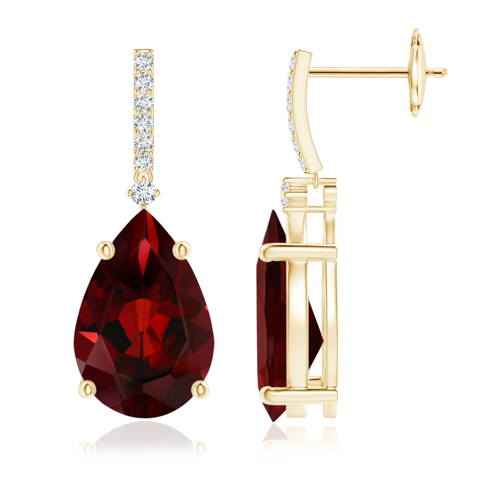 12x8mm AAA Solitaire Pear Garnet Drop Earrings with Diamonds in Yellow Gold