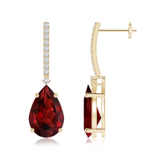 12x8mm AAAA Solitaire Pear Garnet Drop Earrings with Diamonds in Yellow Gold