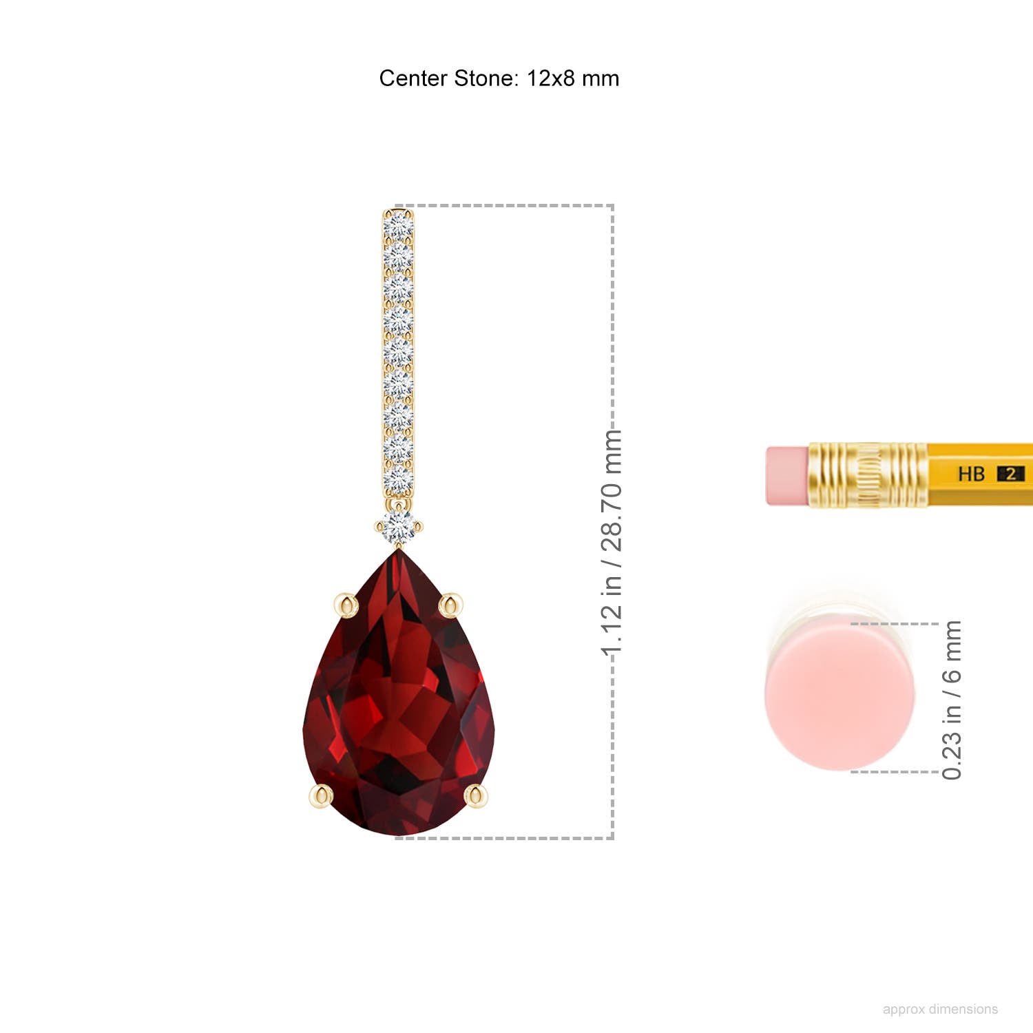 12x8mm AAAA Solitaire Pear Garnet Drop Earrings with Diamonds in Yellow Gold - ruler