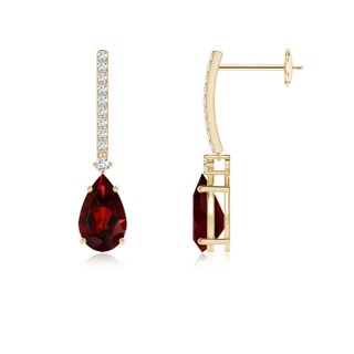 8x5mm AAA Solitaire Pear Garnet Drop Earrings with Diamonds in Yellow Gold