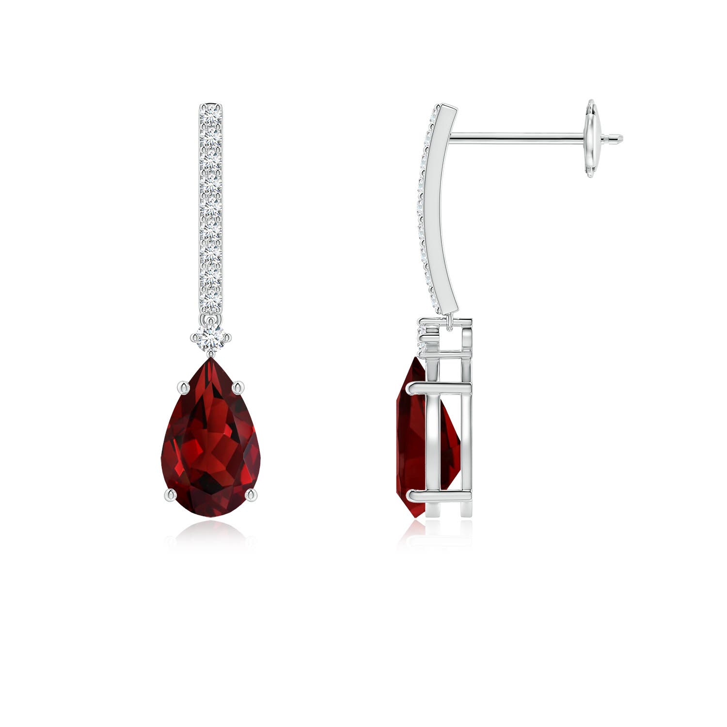 8x5mm AAAA Solitaire Pear Garnet Drop Earrings with Diamonds in 18K White Gold