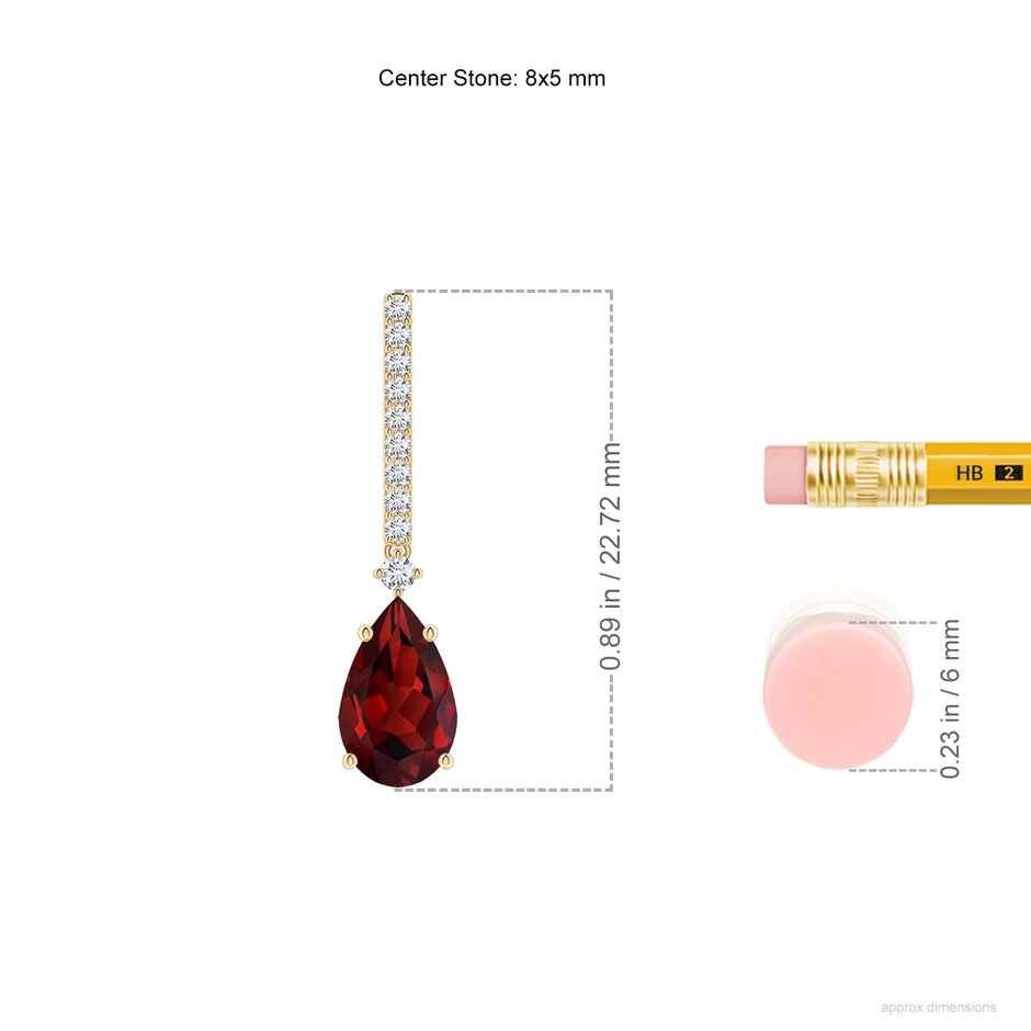 8x5mm AAAA Solitaire Pear Garnet Drop Earrings with Diamonds in Yellow Gold ruler
