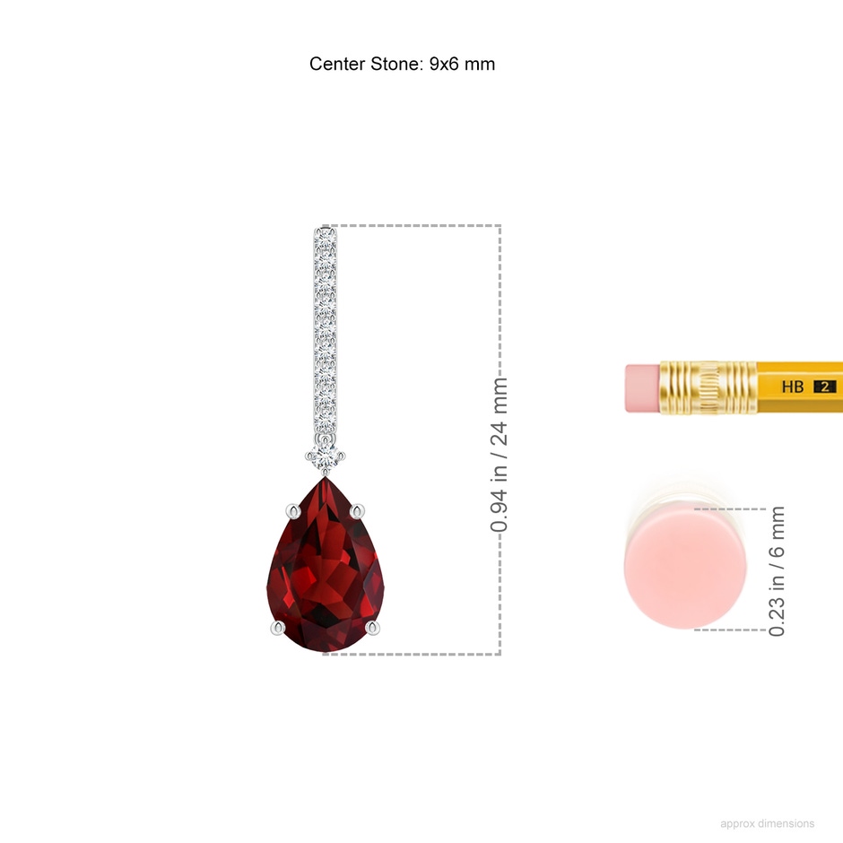 9x6mm AAAA Solitaire Pear Garnet Drop Earrings with Diamonds in White Gold ruler