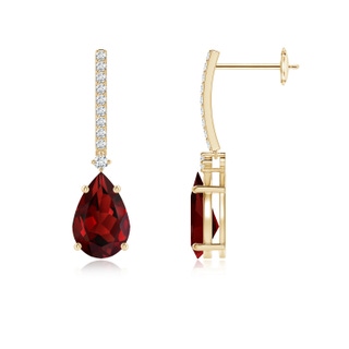 9x6mm AAAA Solitaire Pear Garnet Drop Earrings with Diamonds in Yellow Gold