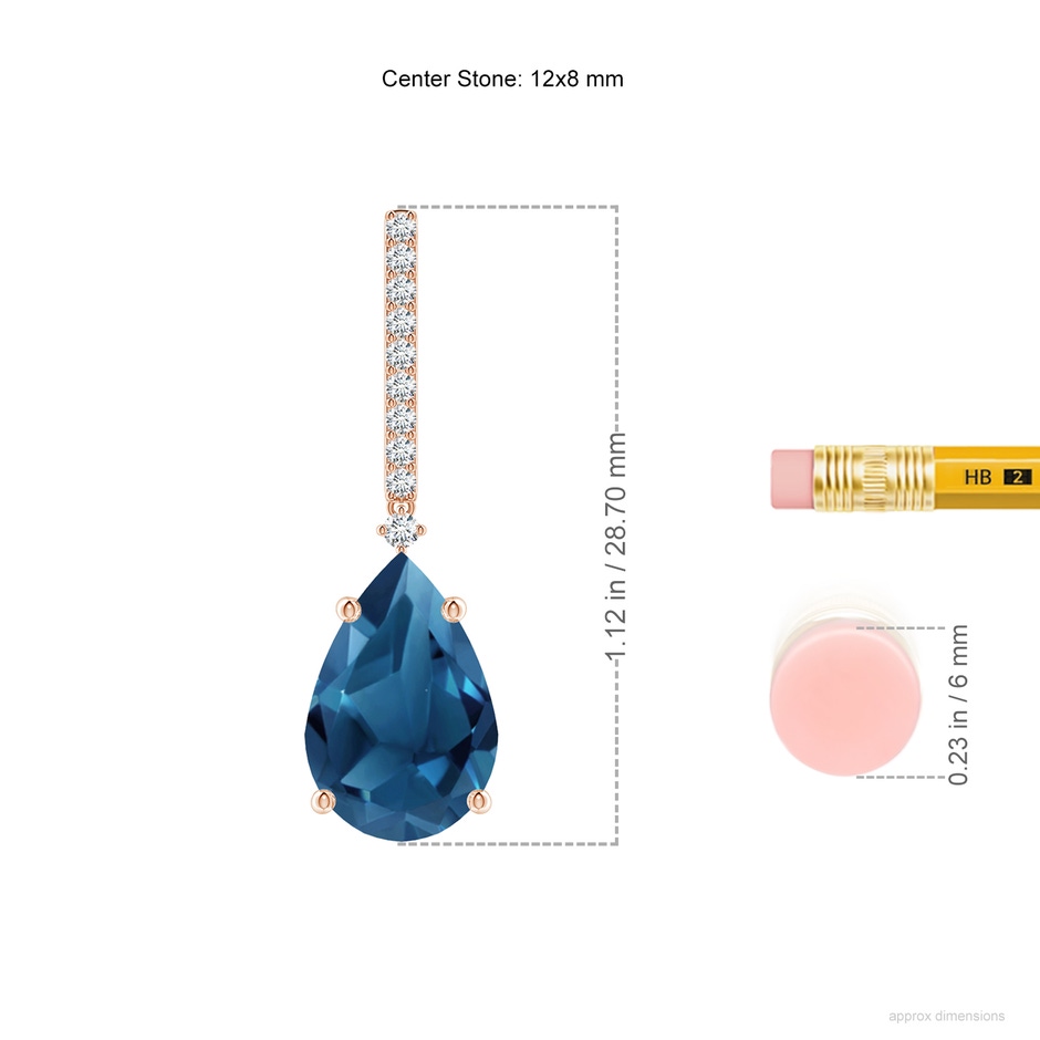 12x8mm AA Pear-Shaped London Blue Topaz Earrings with Diamond Accents in Rose Gold ruler