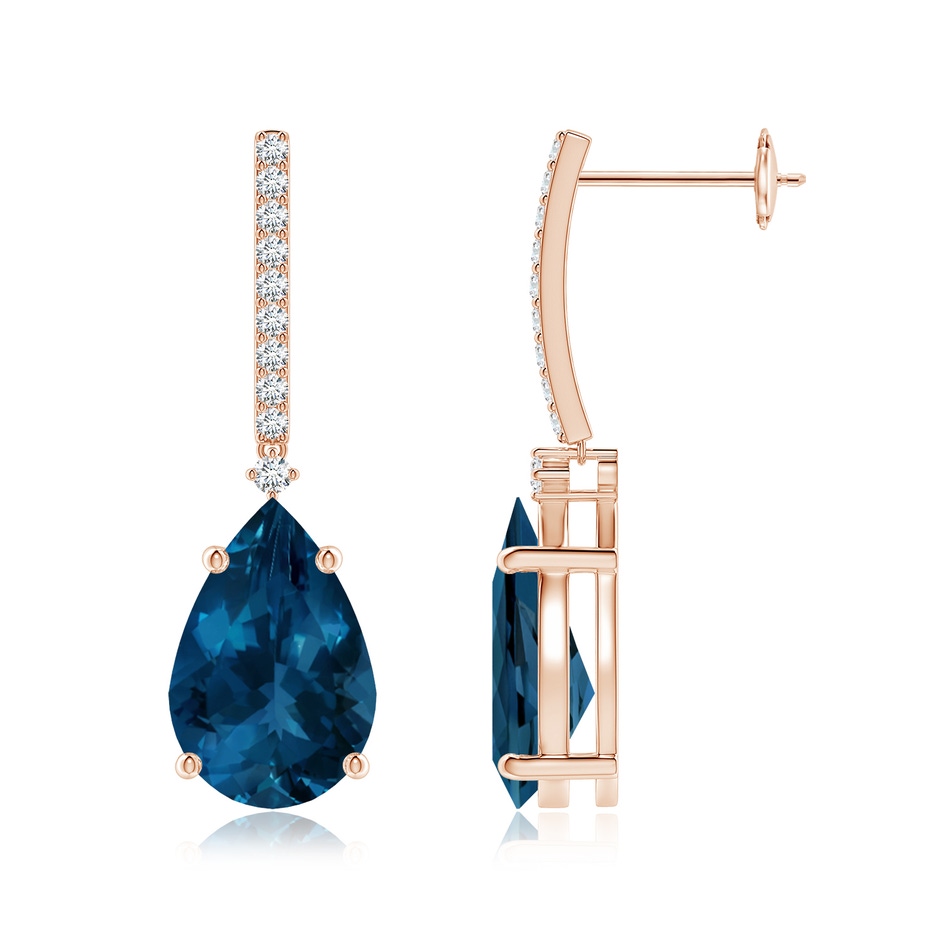 12x8mm AAA Pear-Shaped London Blue Topaz Earrings with Diamond Accents in Rose Gold 