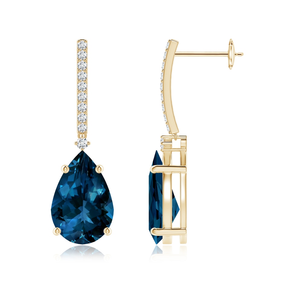12x8mm AAAA Pear-Shaped London Blue Topaz Earrings with Diamond Accents in 18K Yellow Gold 