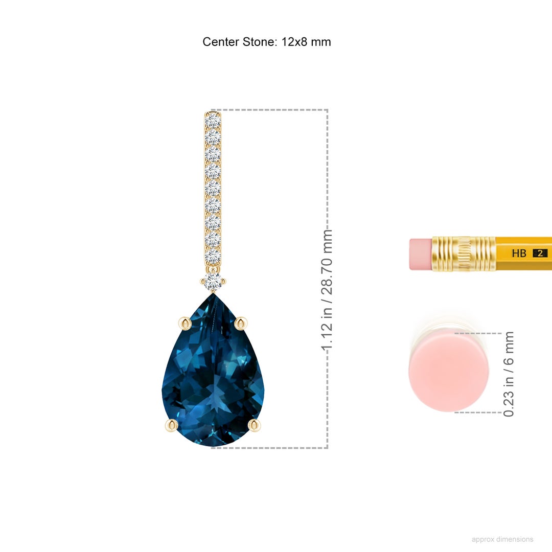 12x8mm AAAA Pear-Shaped London Blue Topaz Earrings with Diamond Accents in Yellow Gold - ruler