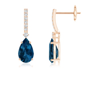 8x5mm AAA Pear-Shaped London Blue Topaz Earrings with Diamond Accents in Rose Gold