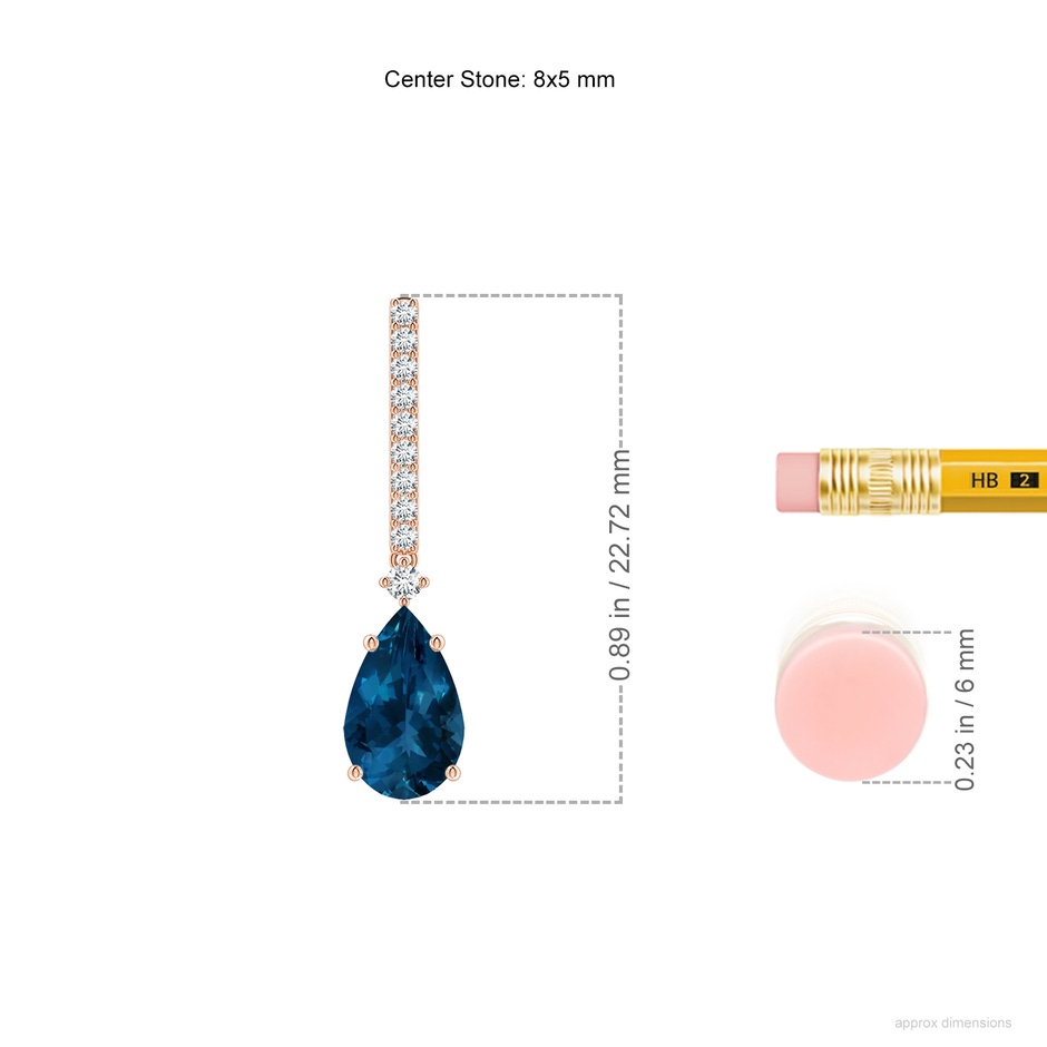 8x5mm AAA Pear-Shaped London Blue Topaz Earrings with Diamond Accents in Rose Gold ruler