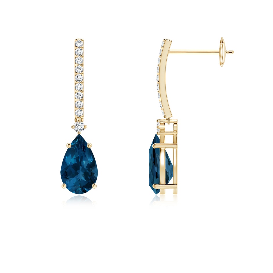8x5mm AAA Pear-Shaped London Blue Topaz Earrings with Diamond Accents in Yellow Gold 