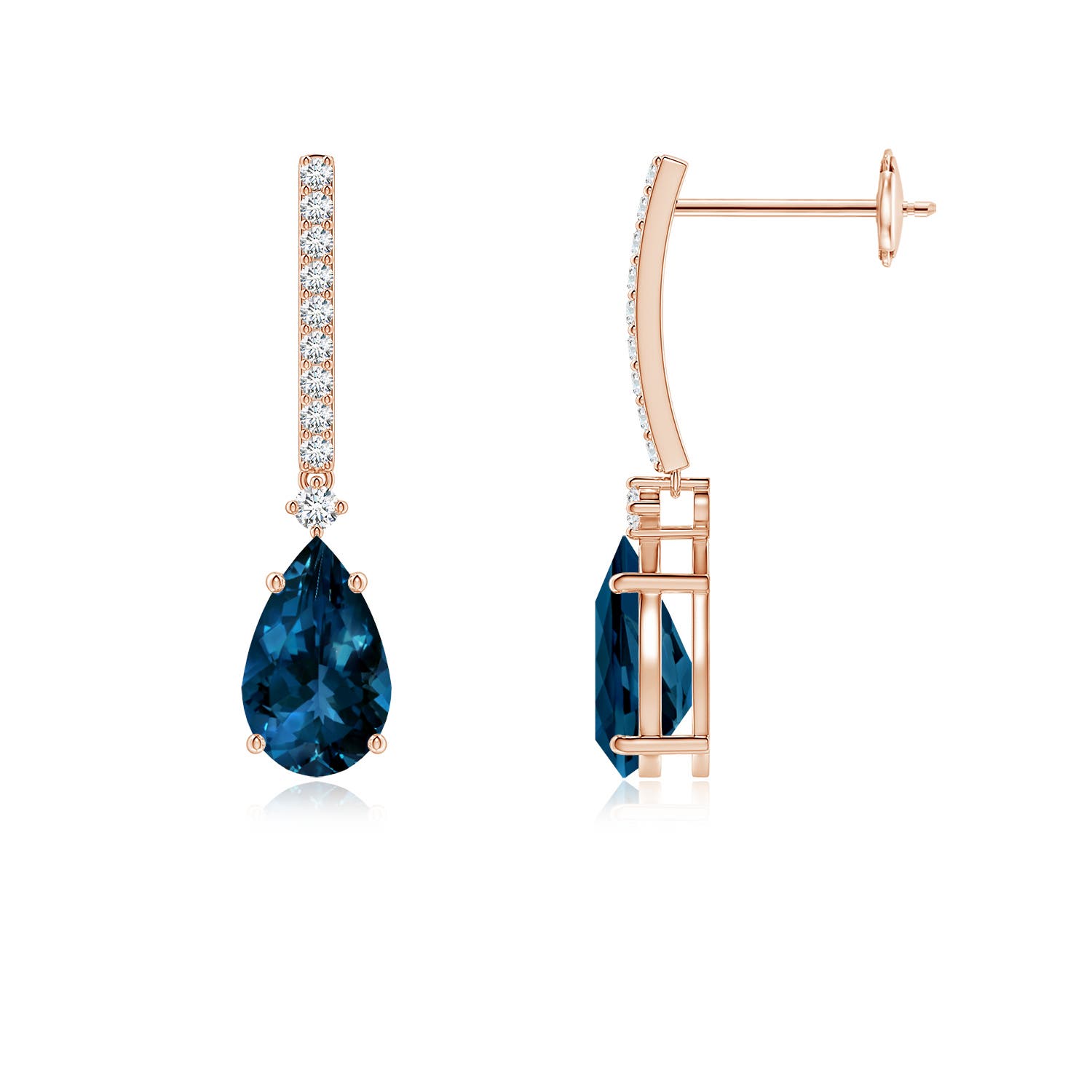 8x5mm AAAA Pear-Shaped London Blue Topaz Earrings with Diamond Accents in 18K Rose Gold