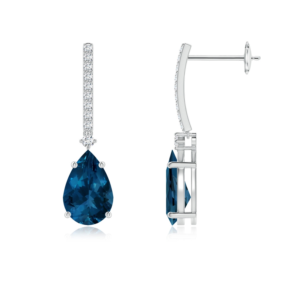 9x6mm AAA Pear-Shaped London Blue Topaz Earrings with Diamond Accents in White Gold