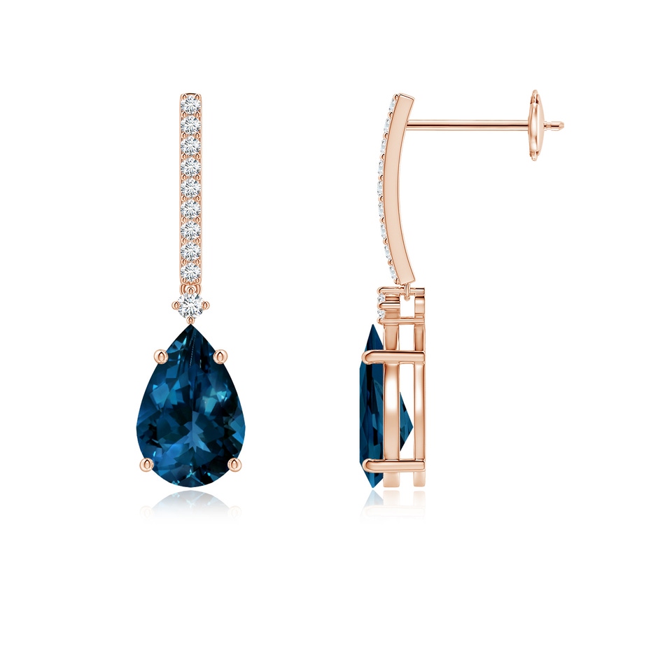 9x6mm AAAA Pear-Shaped London Blue Topaz Earrings with Diamond Accents in Rose Gold 