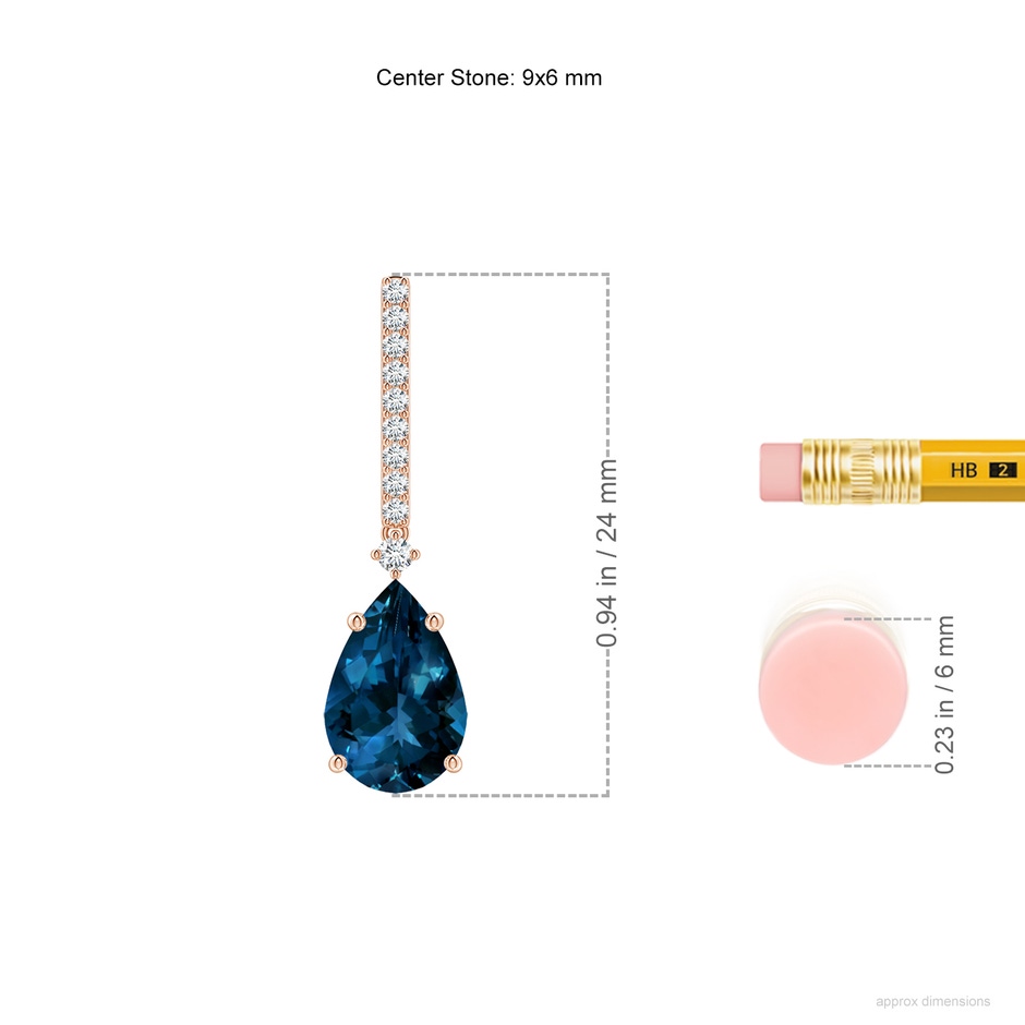 9x6mm AAAA Pear-Shaped London Blue Topaz Earrings with Diamond Accents in Rose Gold ruler