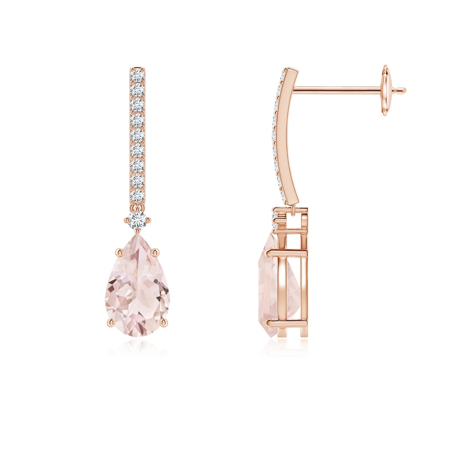8x5mm A Solitaire Pear Morganite Drop Earrings with Diamonds in Rose Gold 