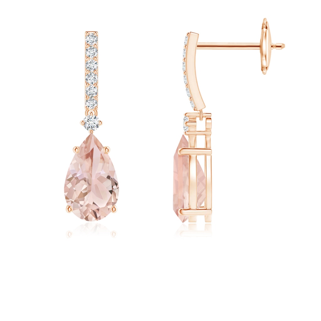 8x5mm AAA Solitaire Pear Morganite Drop Earrings with Diamonds in Rose Gold 