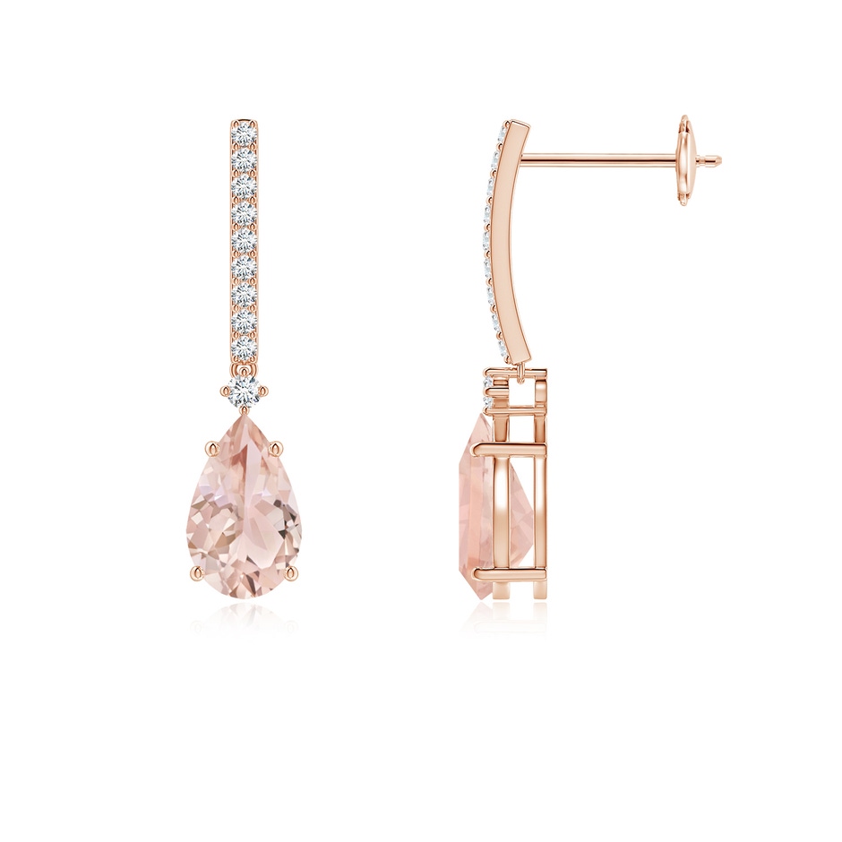 8x5mm AAA Solitaire Pear Morganite Drop Earrings with Diamonds in Rose Gold 