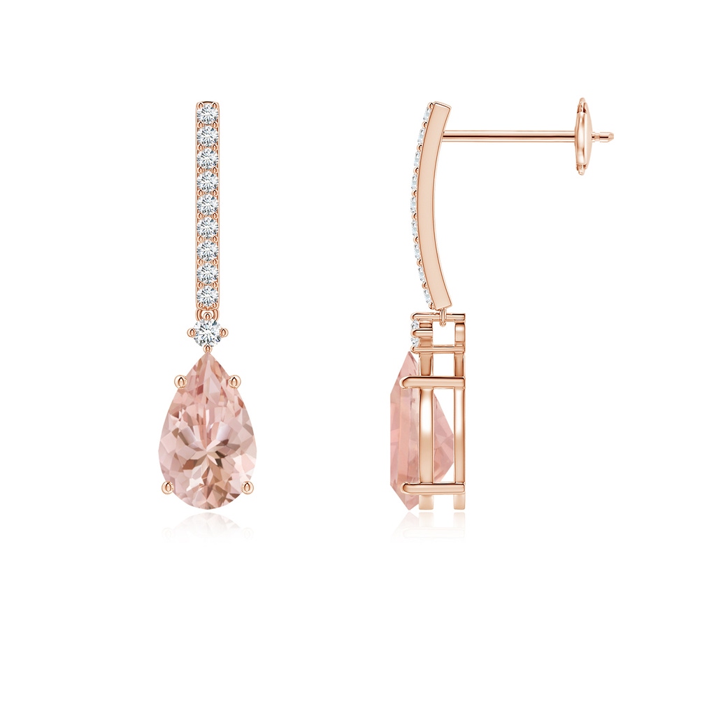 8x5mm AAAA Solitaire Pear Morganite Drop Earrings with Diamonds in 18K Rose Gold