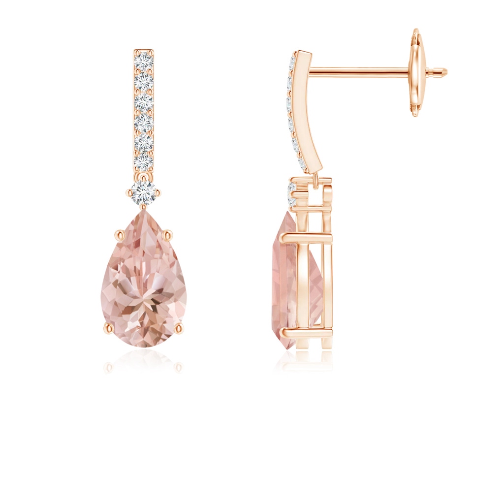8x5mm AAAA Solitaire Pear Morganite Drop Earrings with Diamonds in Rose Gold