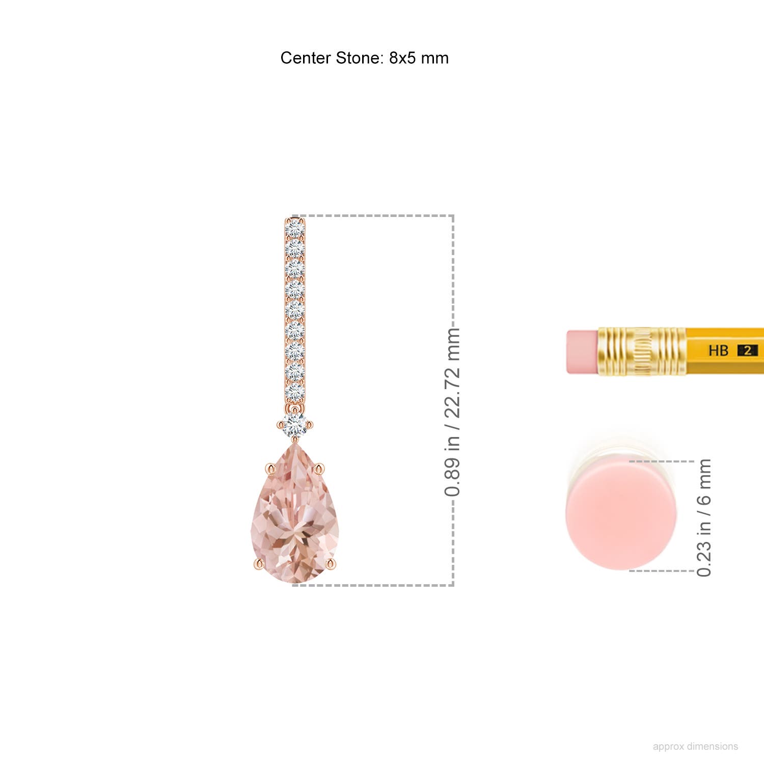 8x5mm AAAA Solitaire Pear Morganite Drop Earrings with Diamonds in Rose Gold - ruler