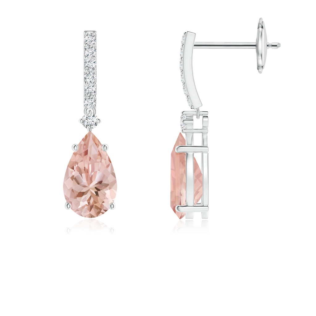 8x5mm AAAA Solitaire Pear Morganite Drop Earrings with Diamonds in White Gold